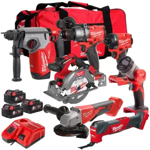 Milwaukee M18FPP7A3-503B 18V FUEL Brushless 7 Piece Tool Kit 3 x 5.0Ah Batteries Charger & Wheeled Bag 4933480878