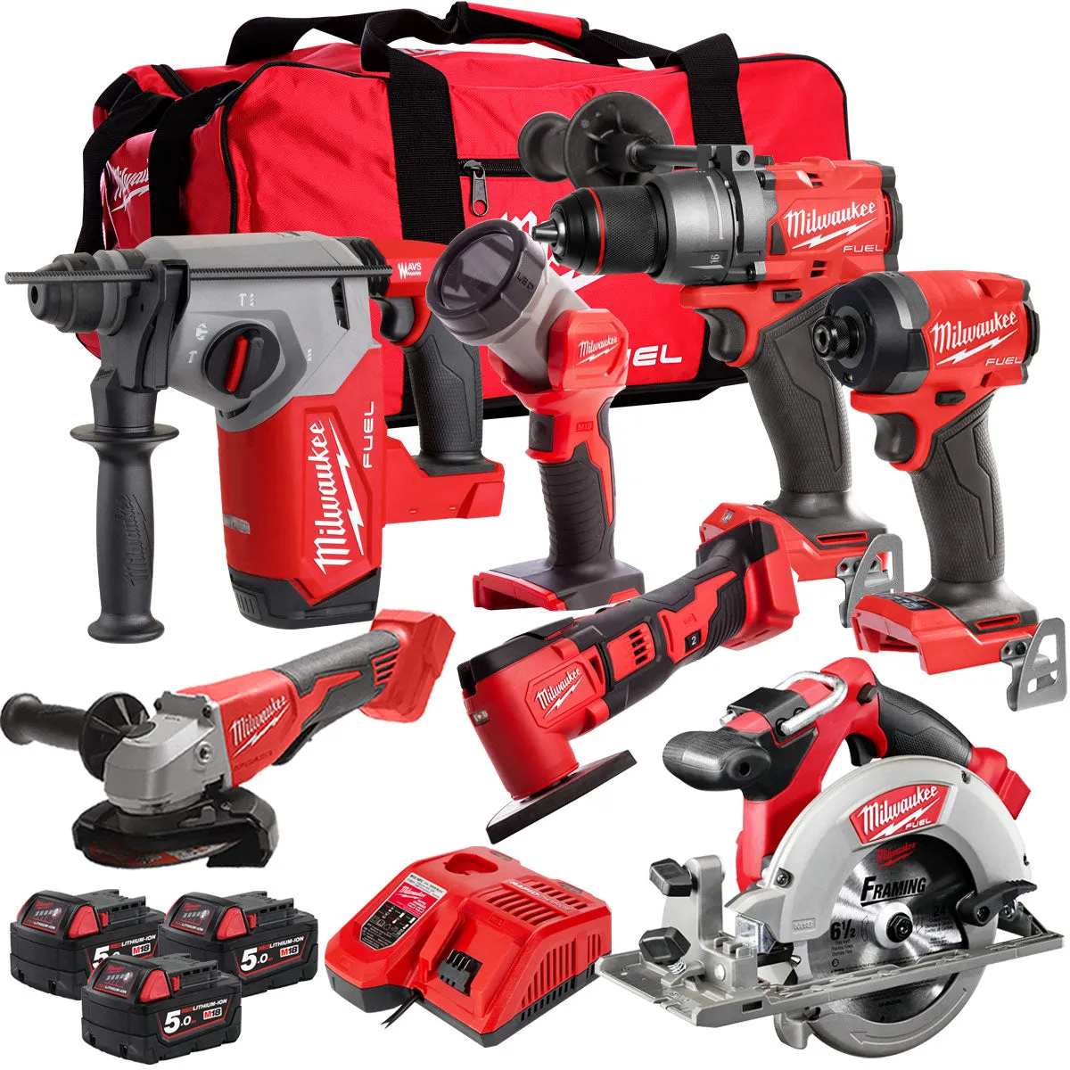 Milwaukee M18FPP7T-503B 18V 7 Piece Power Pack Tool Kit with 3 x 5.0Ah Batteries & Charger