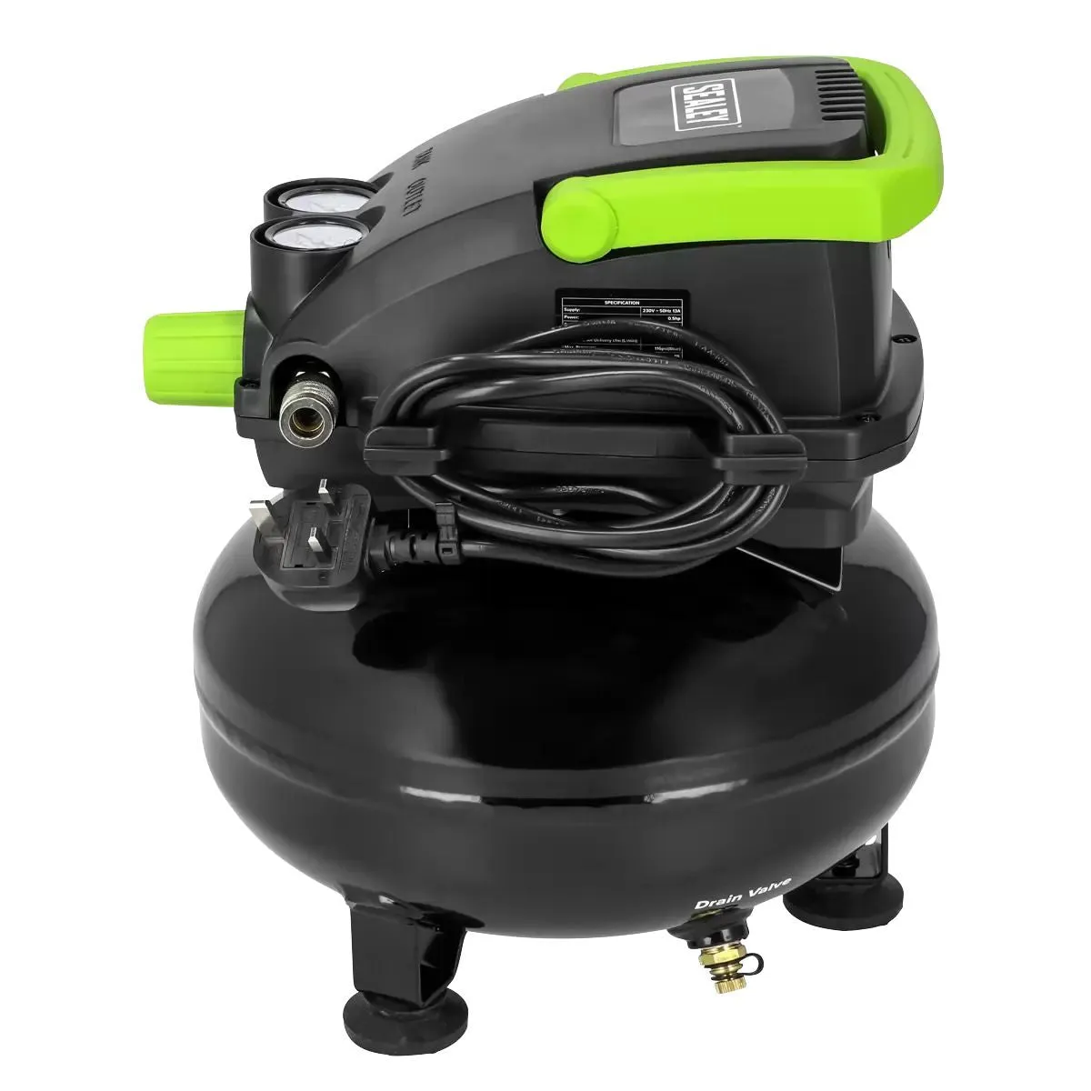 Sealey SAC1100 11L Oil-Free Air Compressor 0.5HP Direct Drive for Efficient. Low Maintenance Performance